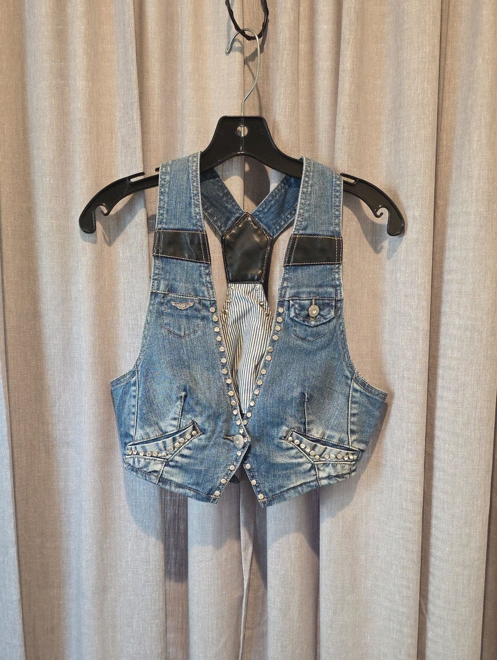 Chi Ole Blue Denim Rhinestone Studded Vest with Black Contrast Trim